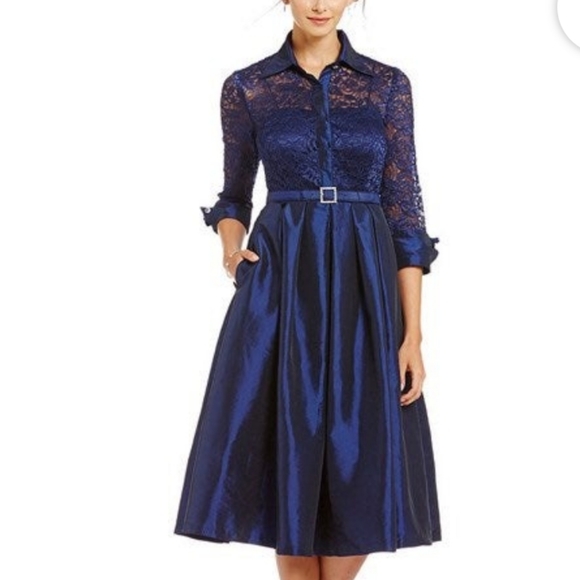 NWT Eliza J midi Navy lace collared sleeved formal cocktail dress Size 10 petite - Picture 5 of 5